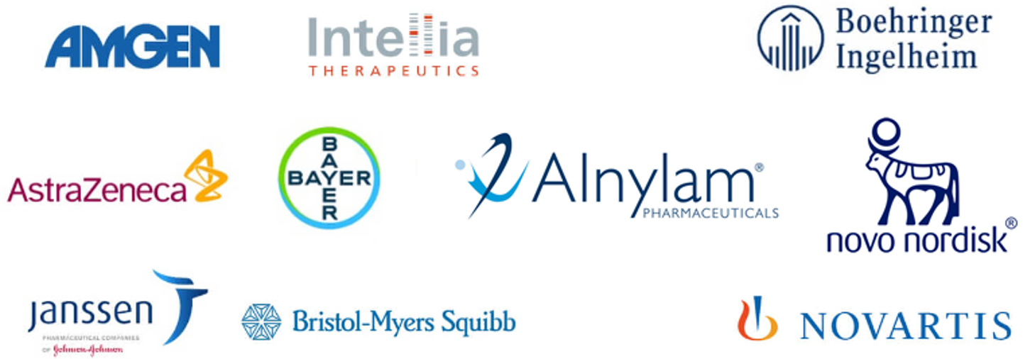 This image shows the logos of the ten companies that serve as DCRI Think Tank Advisory Board Members. These companies include Amgen, Intellia Therapeutics, Boehringer Ingelheim, AstraZeneca, Bayer, Alnylam Pharmaceuticals, Novo Nordisk, Janssen, Bristol-Myers Squibb, and Novartis.