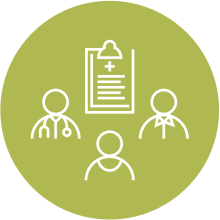 A green circle with an illustration of a doctor, operations expert, patient, and a clipboard demonstrating the diversity of DCRI's expertise.