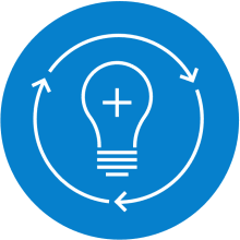 A blue circle with an illustration of a light bulb with a plus sign in the center, surrounded by three arrows circling around the bulb demonstrating Reimagined, innovative clinical research.