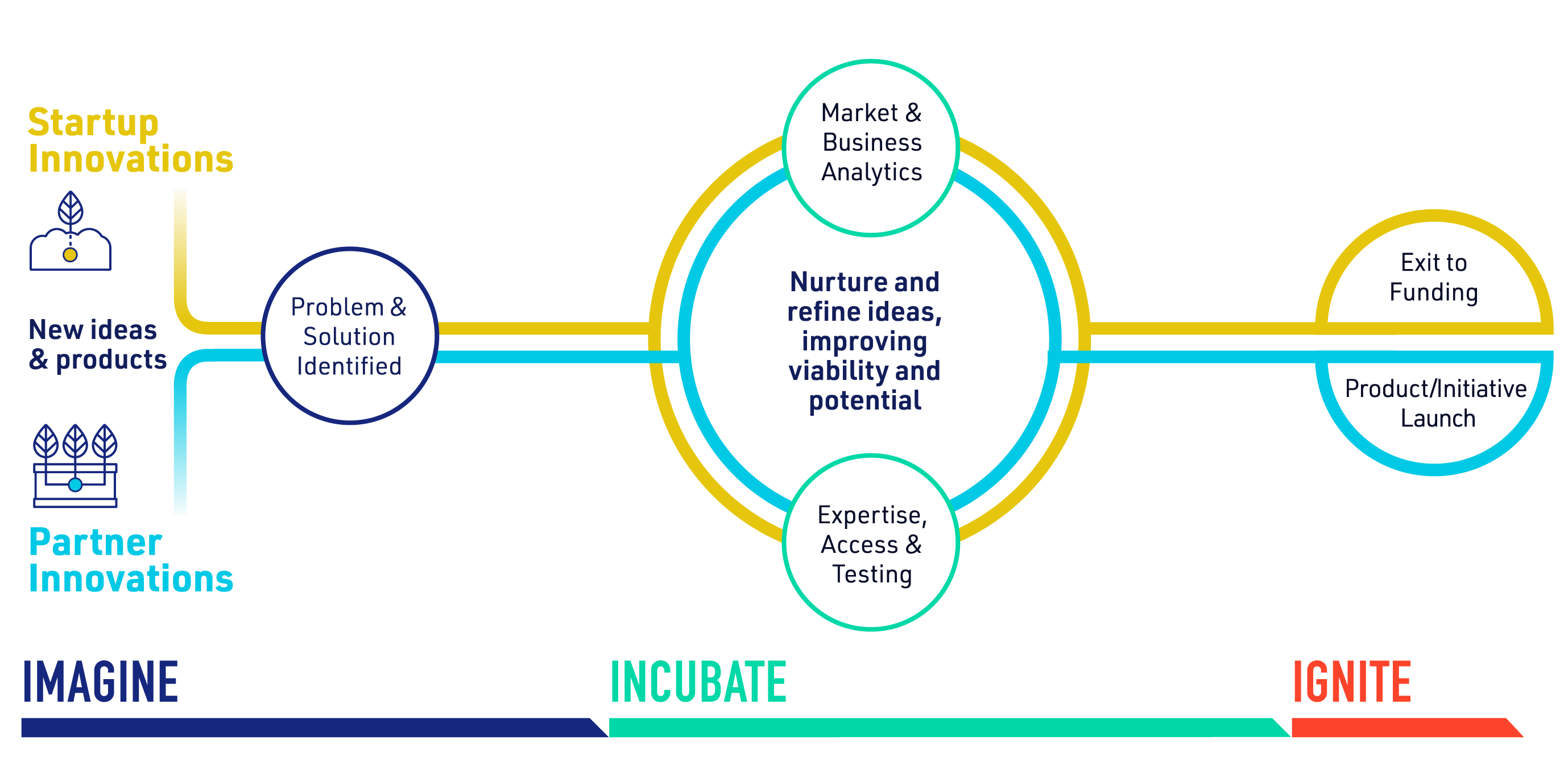 An infographic demonstrating i-Cube's approach to start-up and partner innovations. The images shows how new ideas and products start move to problem and solution identification in the Imagine step of the process. It then proceeds to Incubate where the team nurtures and refines ideas, improving viability and potential through market and business analytics, expertise, access, and testing. The last step is the Ignite process where start-ups edit to funding.