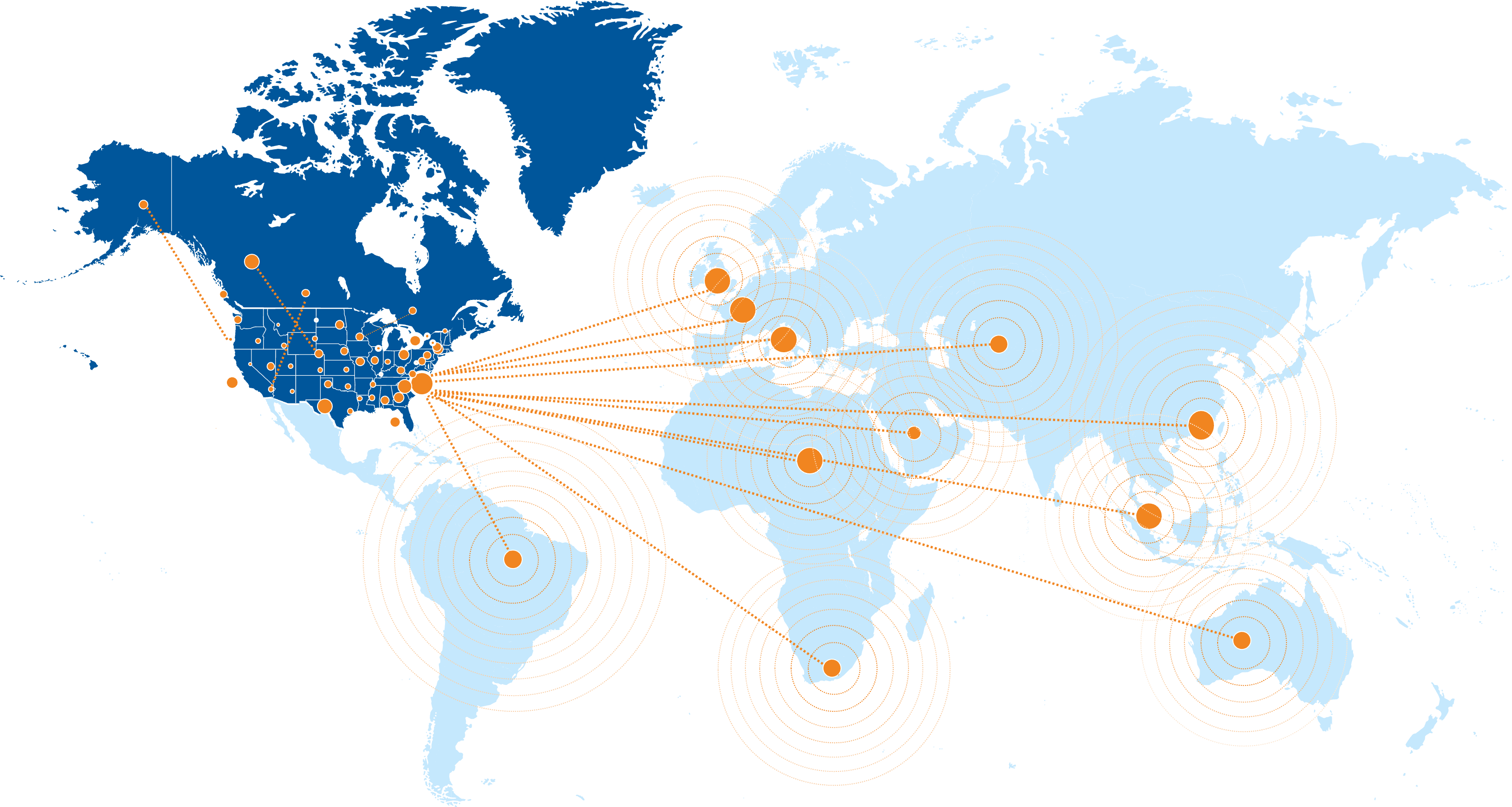 A map of the world with orange dots demonstrating the extensive reach of DCRI's site network within the U.S. and around the world.
