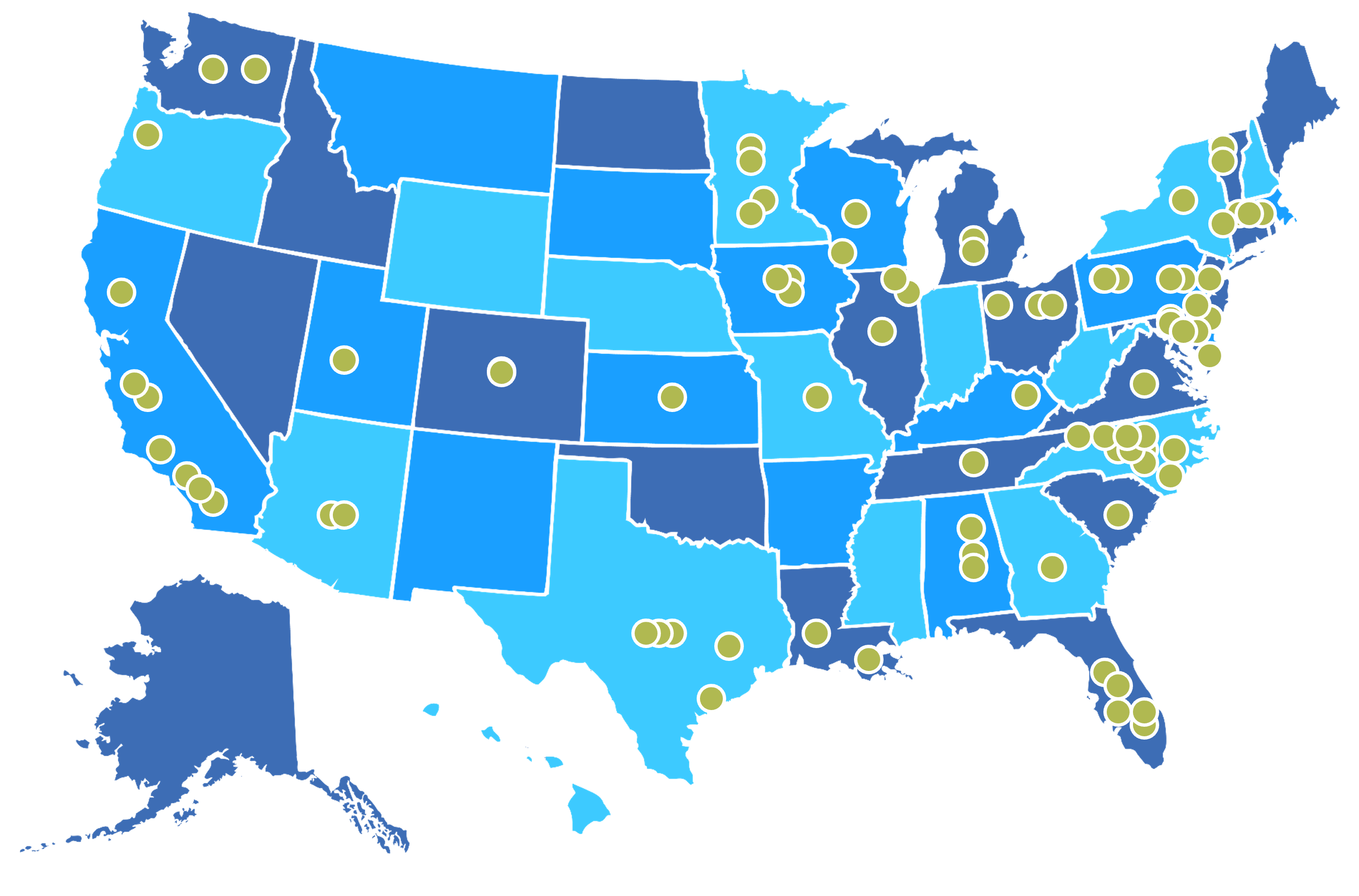 A map of the United States with green circles indicating the vast DCRI Neuroscience site network.