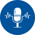 A blue circle with a microphone surrounded by audio waves.