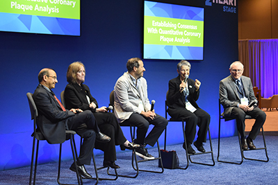 A panel of five experts sits on a stage, with Pamela Douglas as one of the panel members. She smiles as she discusses her point.
