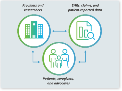 A graphic showing an exchange of information going back and forth between providers and researchers; EHRs, claims and patient-reported datal; and patients, caregivers and advocates