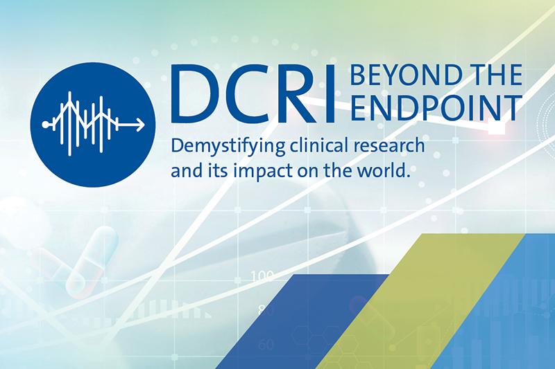 Logo for the DCRI podcast, Beyond the Endpoint which includes a blue circle with an audio wave and a stylized arrow pointing beyond the endpoint of the audio wave. Under the logo and podcast name is the tagline: Demystifying clinical research and its impact on the world.