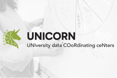 A graphic showing a Unicorn shaped logo. It says UNICORN UNIversity data COoRdinating ceNters