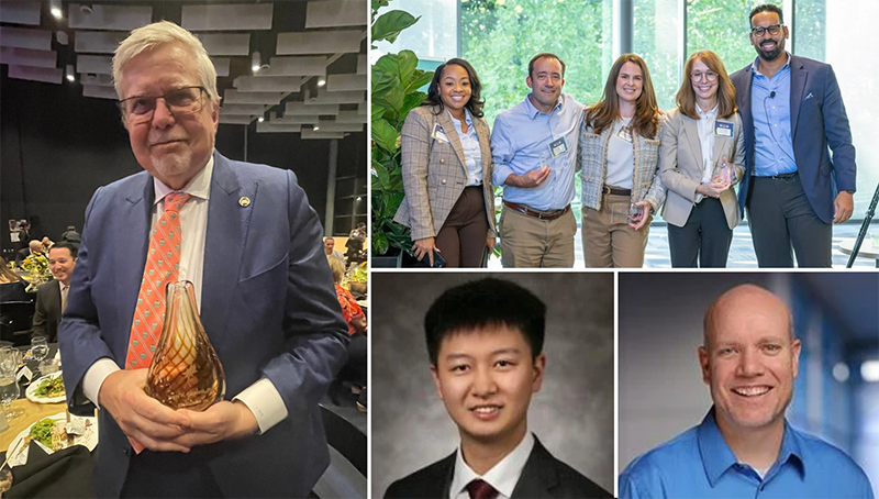 A collage of four photos showing Frank Rockhold holding his recent VCU Star award; Cross-Campus Catalyst Award awardees posing with their awards together, and headshots of Yi Liu and Samuel Broderick.