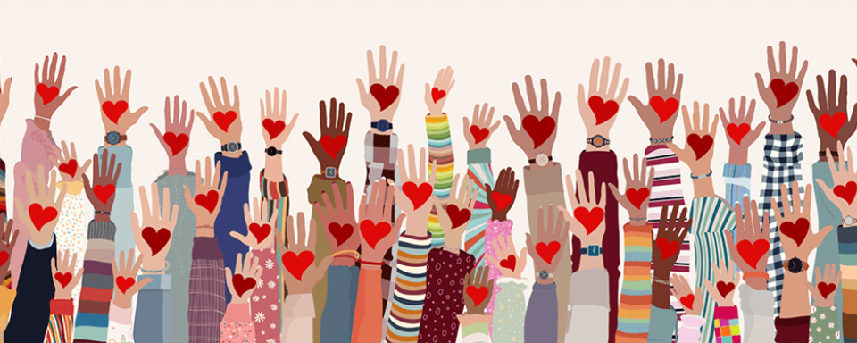 An illustration of many hands reaching towards the sky, each one with a heart icon in the palm. The hands represent a diverse array of people.